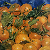 Mandarinas con fondo azul cobalto, 2006, oil on canvas 59.1 x 59.1 in