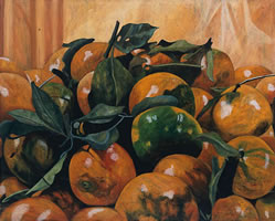 Mandarinas con fondo anaranjado, 2007, óleo/lino 131 x 164 cm