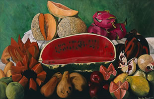 Frutas con fondo verde, 2007, óleo/lino 77 x 119 cm
