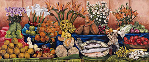 Frutas y flores varias, 2009, óleo/lino 100 cm X 280 cm
