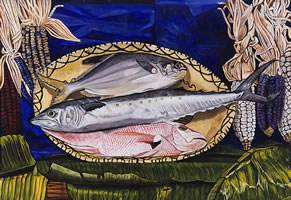 Pámpano, Sierra y Huachinango, 2009, óleo/lino 124 cm X 180 cm
