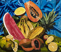 Frutas con fondo azul cobalto, 2012, oil on canvas, 51.2 X 60.6 in