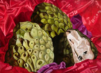 Chirimoyas con fondo rojo, 2012, oil on canvas, 51.2 X 70.9 in