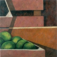 Huacales con naranjas verdes, 1999, oil on canvas