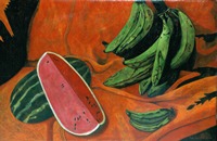 Sandía y Plátanos machos, 2001, oil on canvas 23.6 x 36.2 in