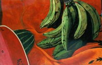 Plátanos machos y Sandía, 2001, oil on canvas 23.6 x 36.2 in