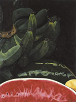 Sandía y plátanos, 2002, oil on canvas 44.9 x 33.5 in