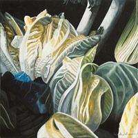 Lechugas y poros, 2002, oil on canvas 27.6 x 27.6 in