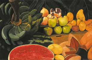 Plátanos verdes, sandía y mameyes, 2002, oil on canvas 23.6 x 36.2 in