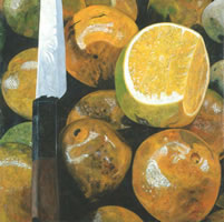 Naranjas con Cuchillo, 2003, oil on canvas 35.4 x 35.4 in