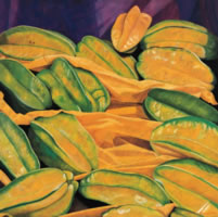 Carambolos con papel amarillo, 2005, oil on canvas 35.4 x 35.4 in