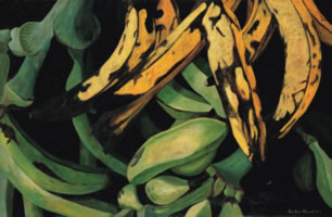 Plátanos machos maduros y verdes, 2005, oil on canvas 23.6 x 36.2 in