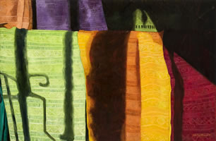 Puesto de rebozos en Oaxaca, 2013, óleo/lino, 165 cm X 108 cm