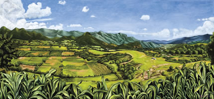 Malinalco desde las alturas, 2014, óleo/lino, 100 cm X 215 cm