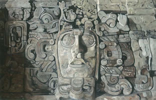 Mascarones de Kohunlich, 2003, oil on canvas 44.9 x 69.7 in